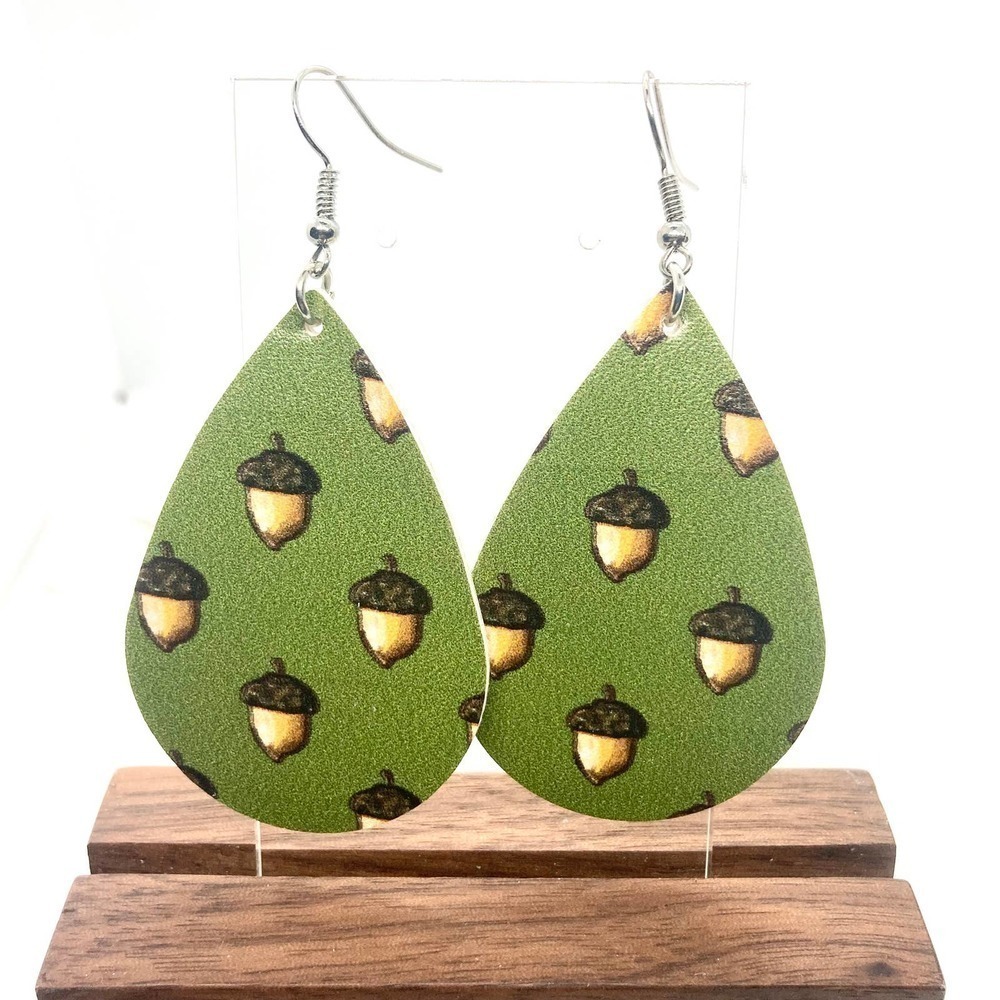 Faux Leather Teardrop Earrings Acorn Print